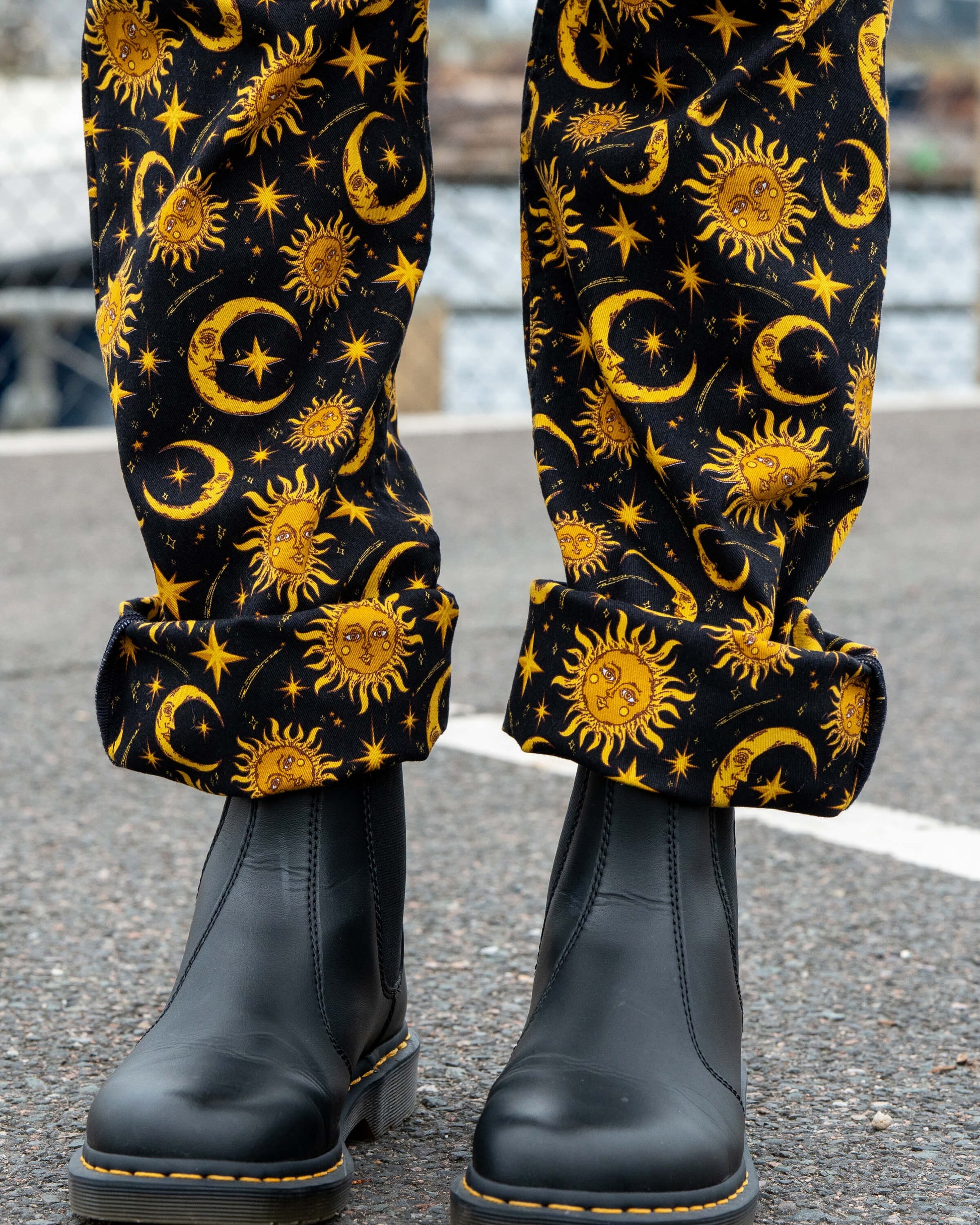 Celestial Sun and Moon Print Stretch Cotton Dungarees by Rebel Romance