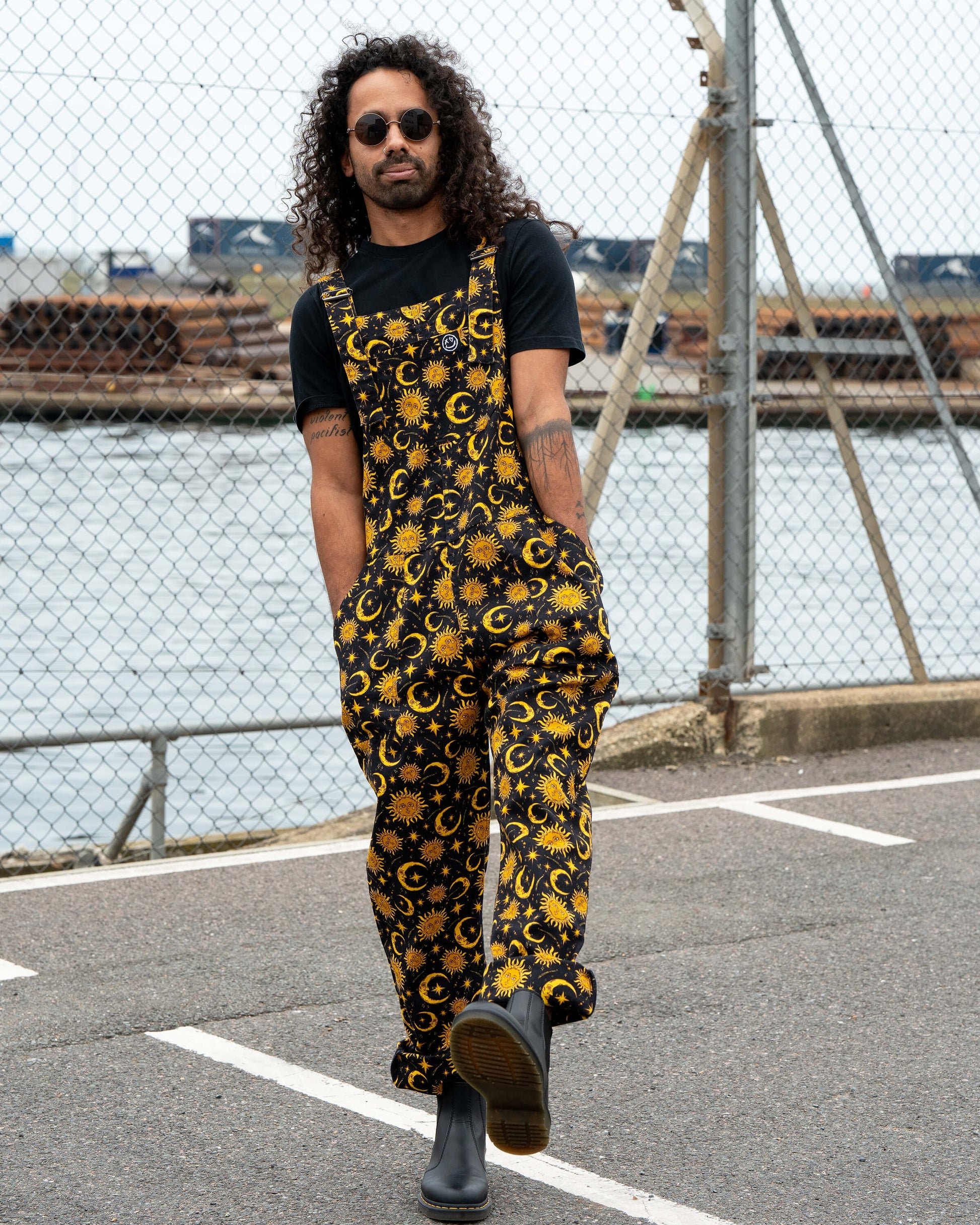 Celestial Sun and Moon Print Stretch Cotton Dungarees by Rebel Romance