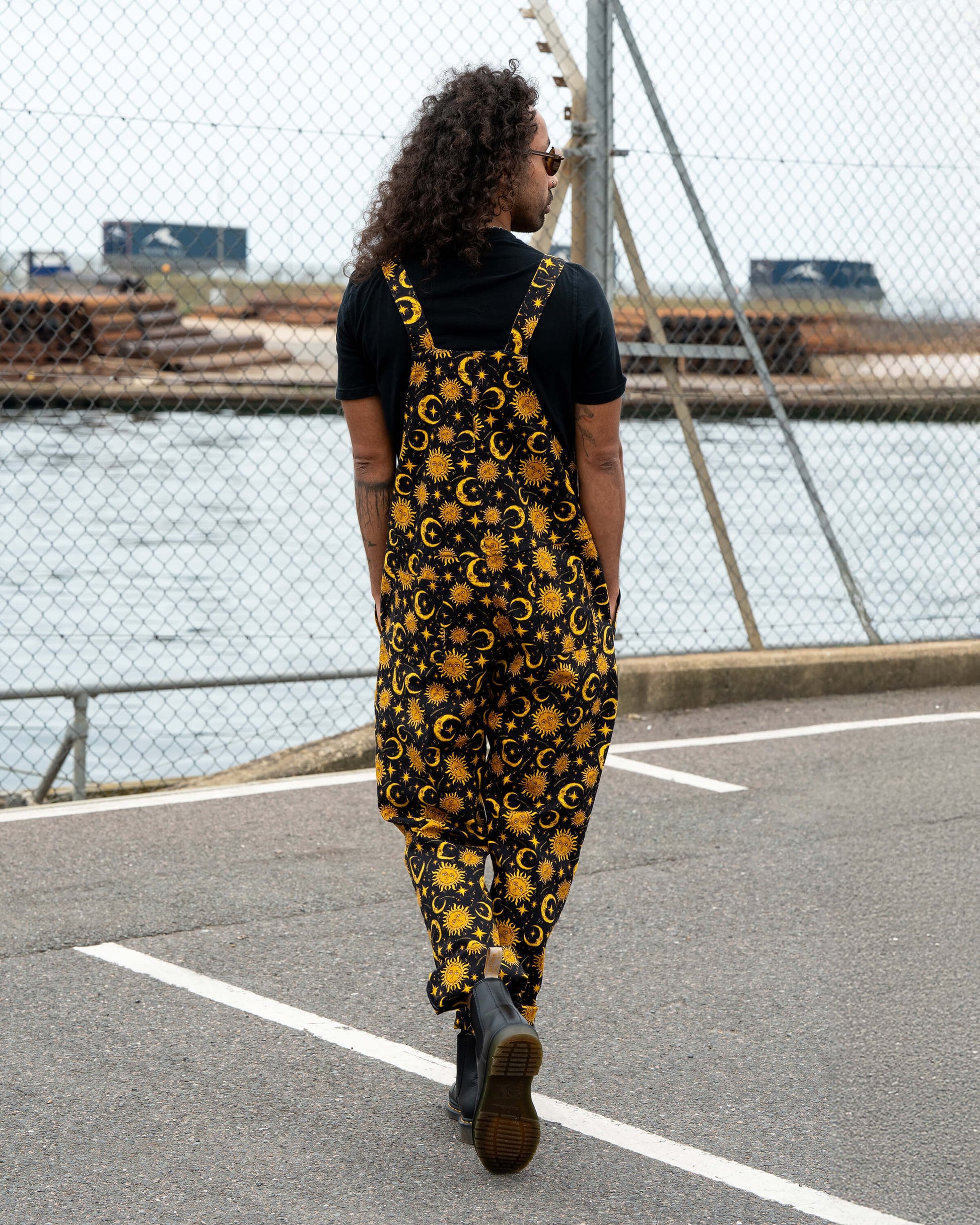 Celestial Sun and Moon Print Stretch Cotton Dungarees by Rebel Romance