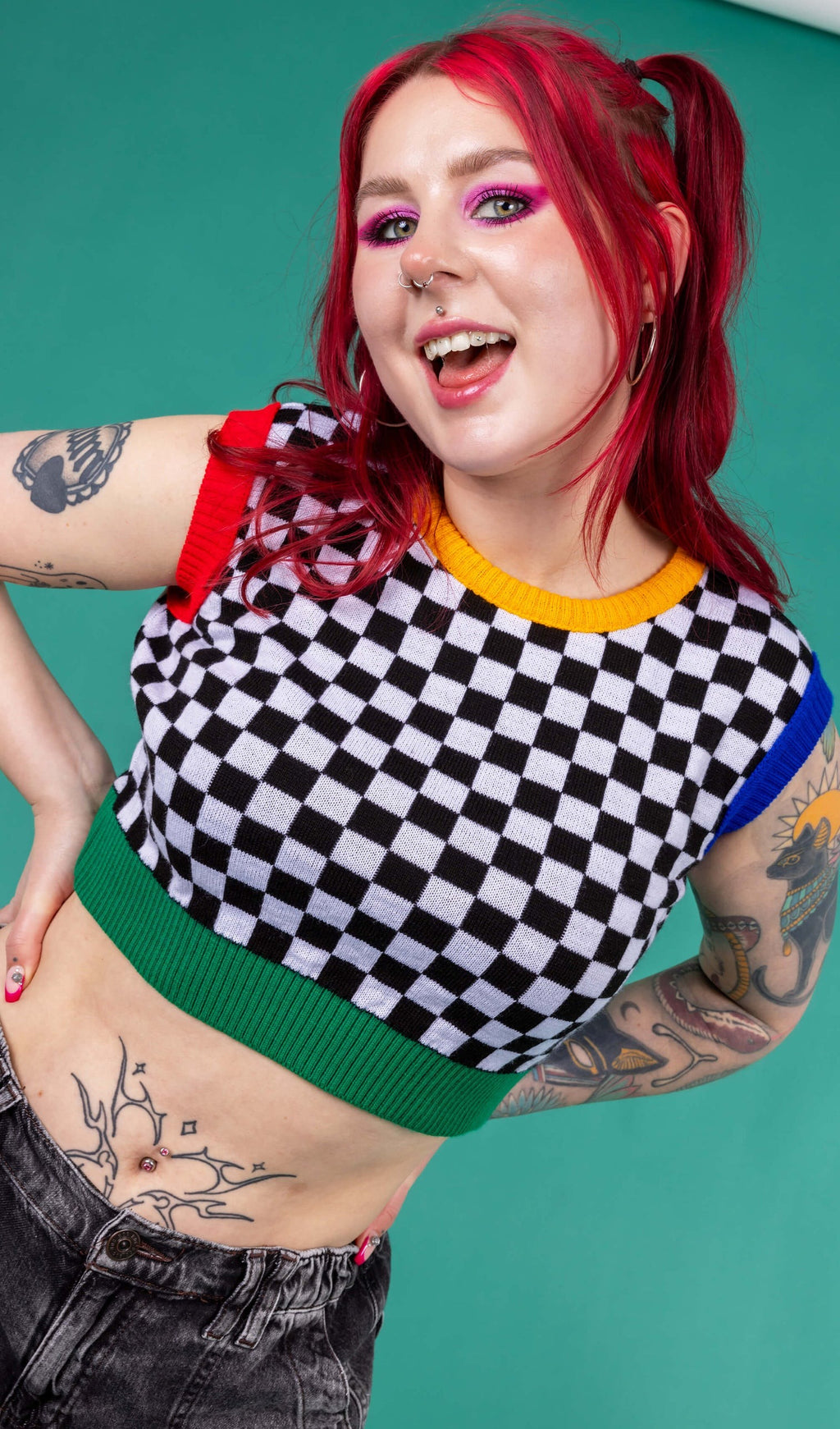 Black and White Checkerboard Cropped Tank Top Vest by Run and Fly