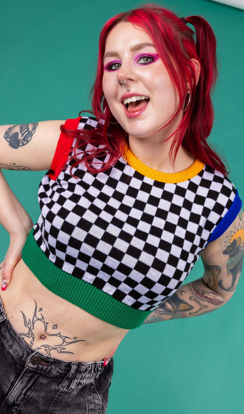 Black and White Checkerboard Cropped Tank Top Vest by Run and Fly