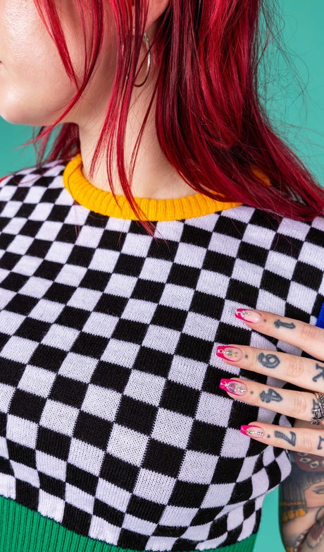 Black and White Checkerboard Cropped Tank Top Vest by Run and Fly