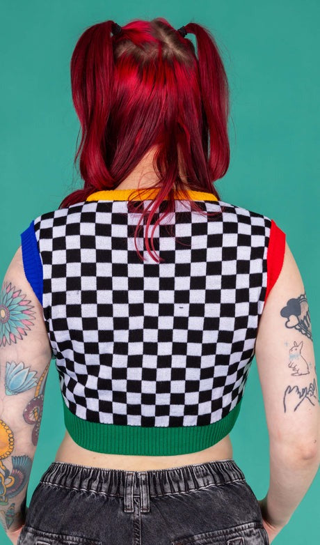 Black and White Checkerboard Cropped Tank Top Vest by Run and Fly