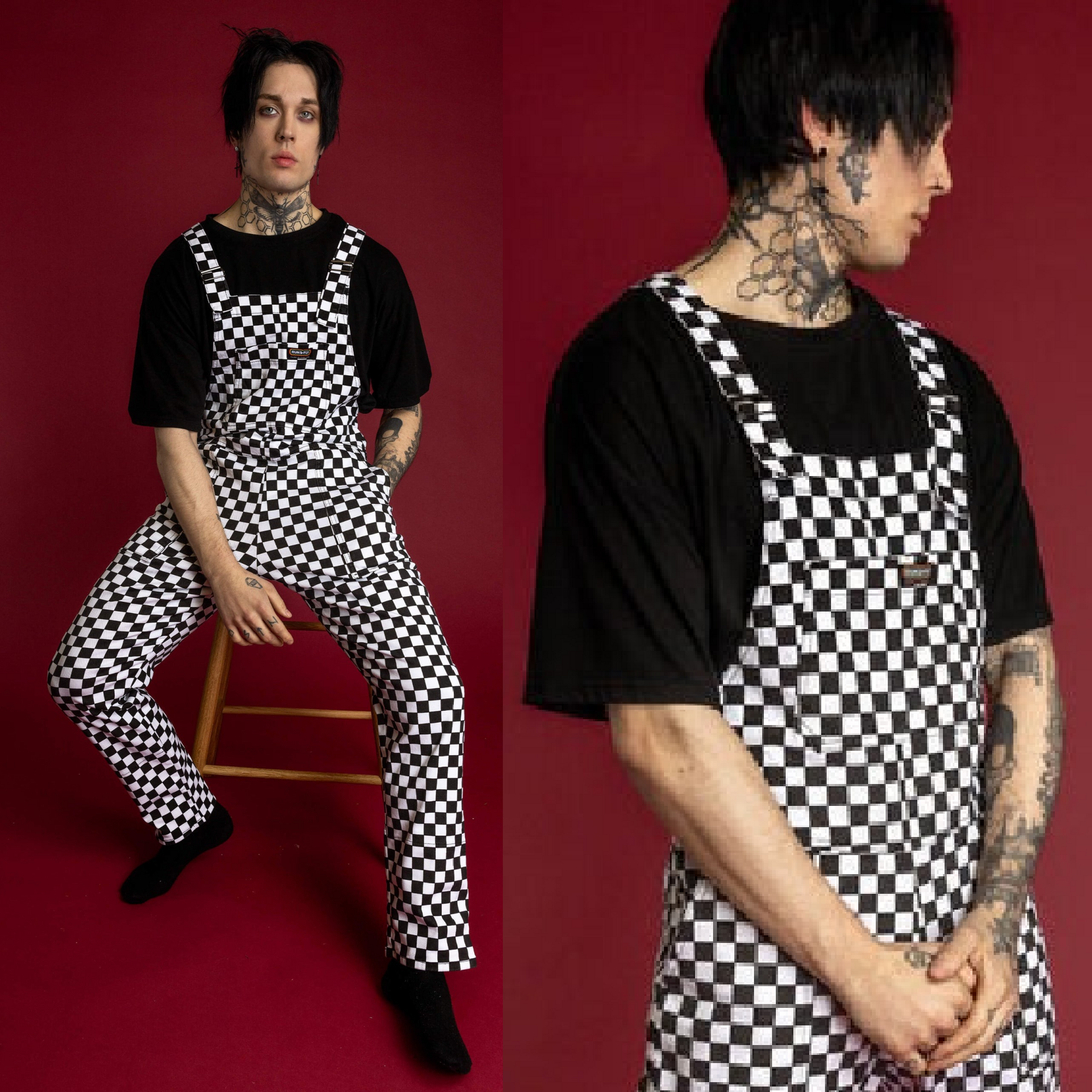 その他 bel&bow Checkerboard Overall BiBi Bleached Vintage Plaid Wide Leg Overalls with Pockets