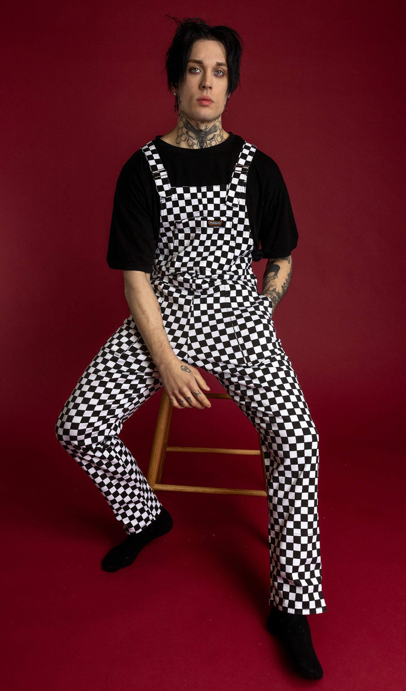 Black and White Checkerboard Print Stretch Twill Cotton Dungarees by Run and Fly