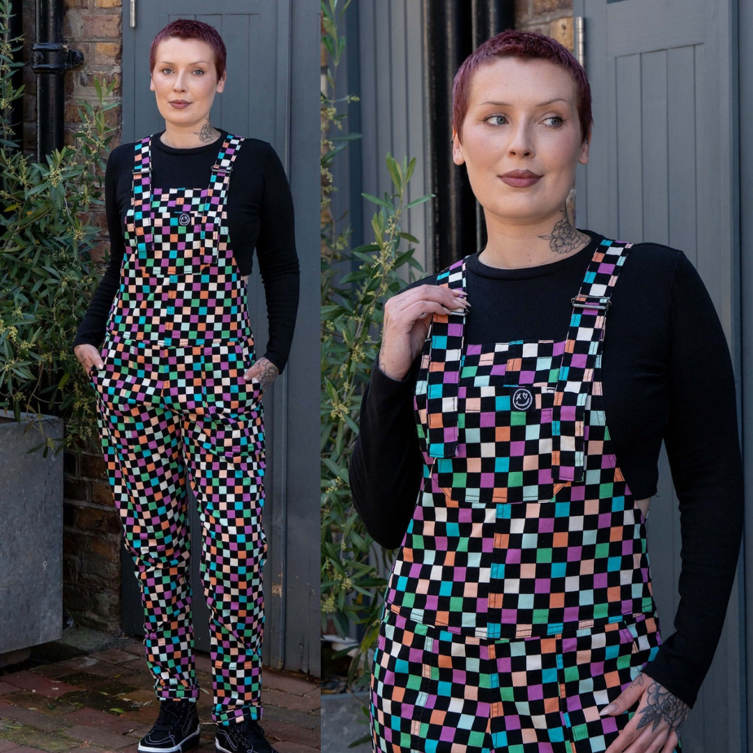 Checkerboard Print Stretch Cotton Dungarees by Rebel Romance