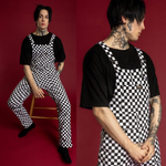 Black and White Checkerboard Print Stretch Twill Cotton Dungarees by Run and Fly