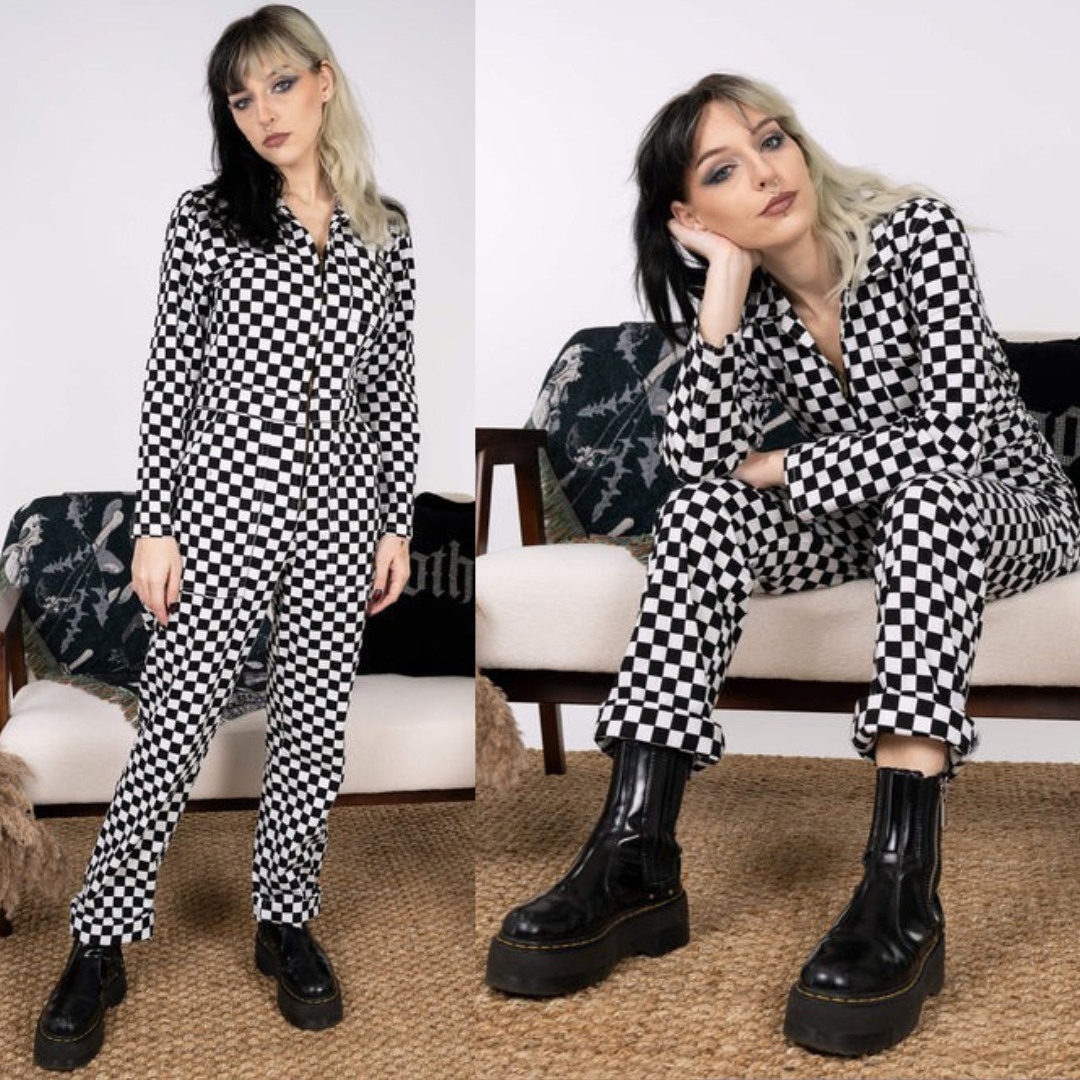 Black and White Checkerboard Stretch Twill Boiler Suit by Run and Fly