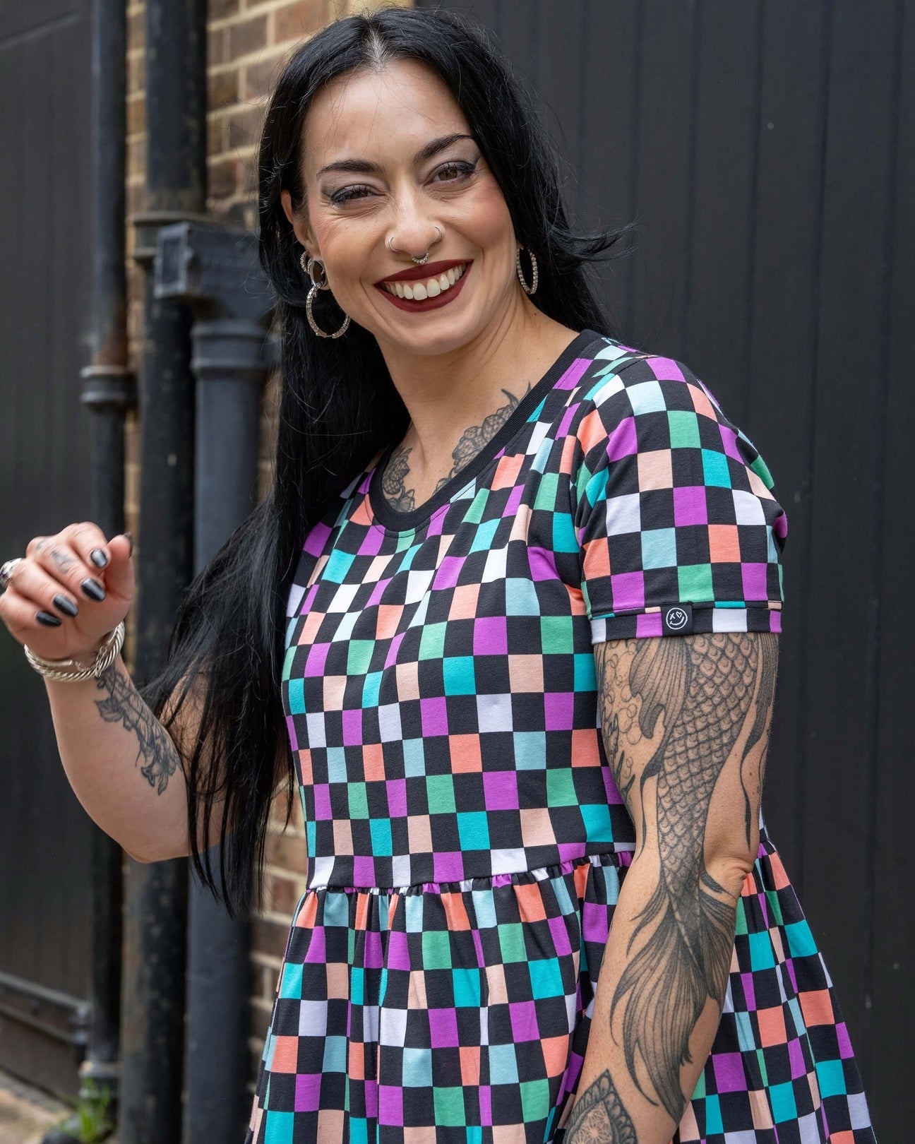 Checkerboard Print Smock Dress with Pockets by Rebel Romance