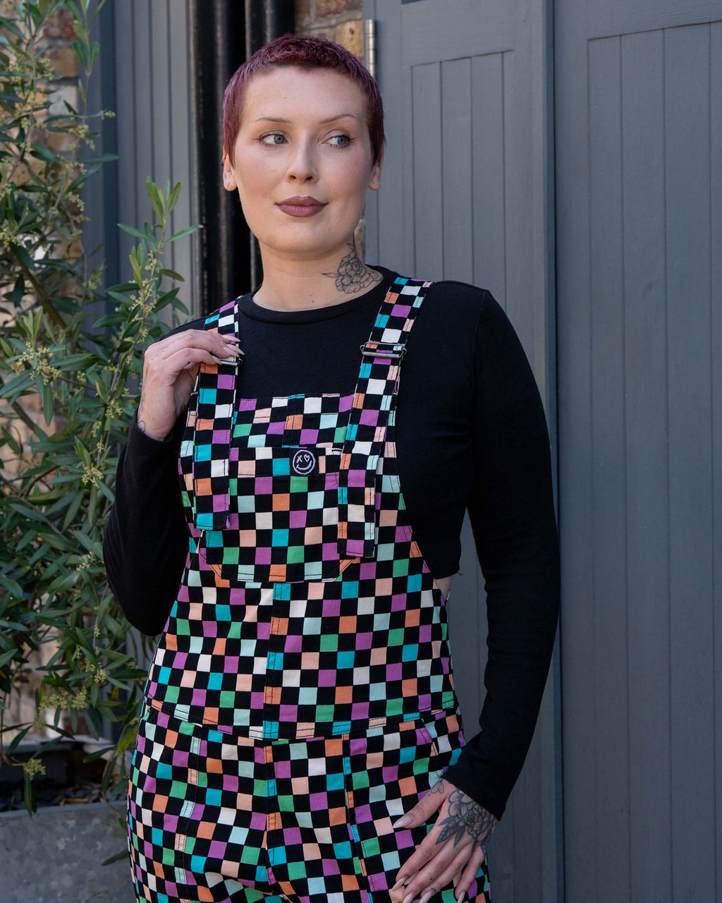 Checkerboard Print Stretch Cotton Dungarees by Rebel Romance