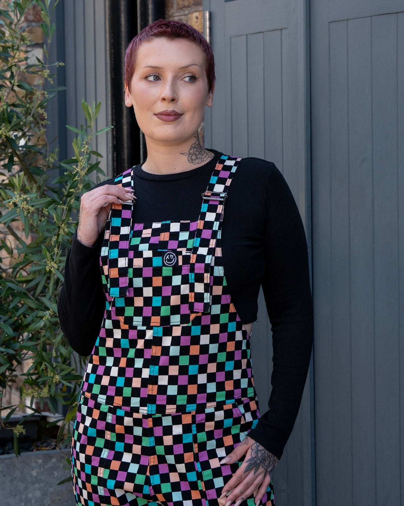 Checkerboard Print Stretch Cotton Dungarees by Rebel Romance
