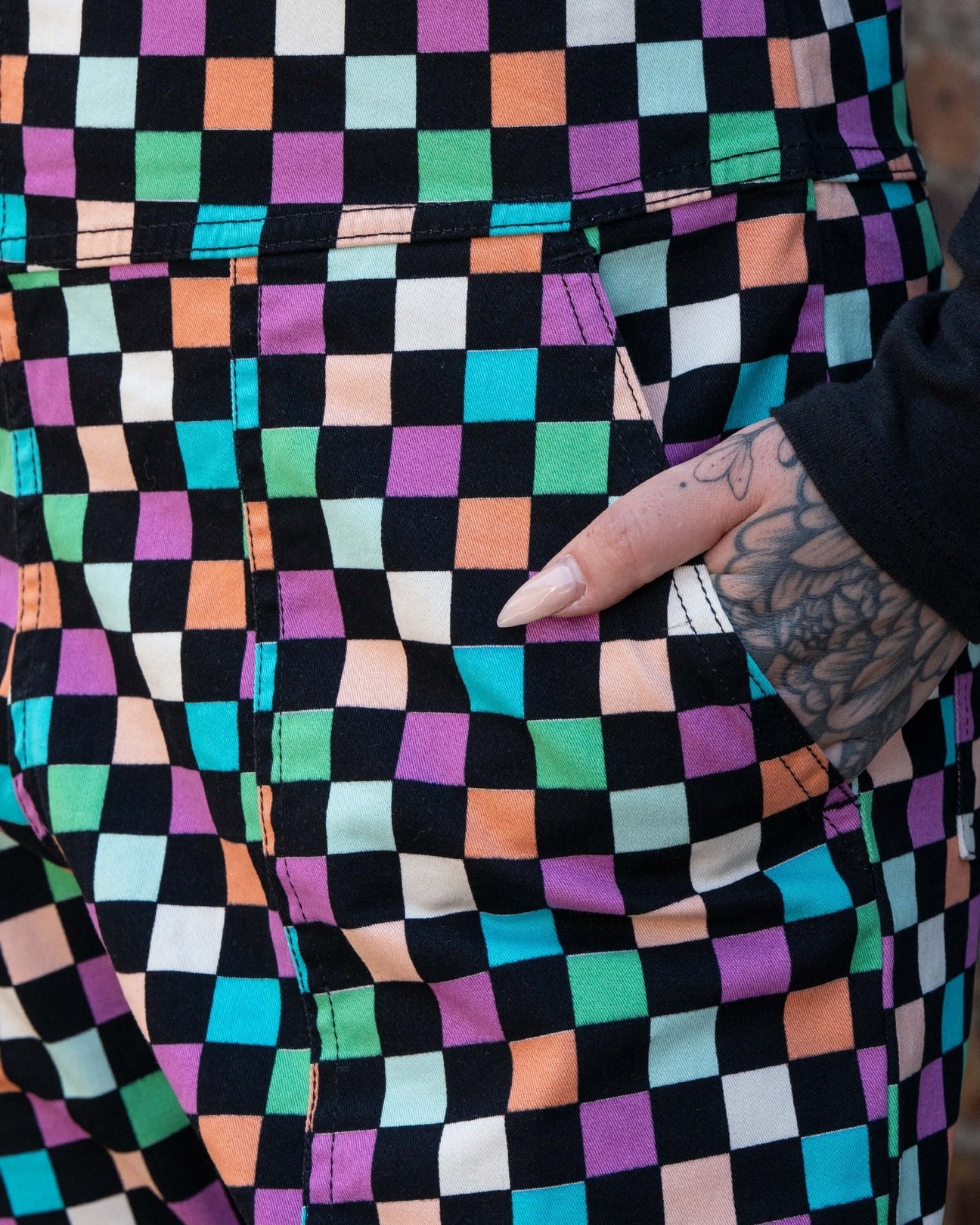 Checkerboard Print Stretch Cotton Dungarees by Rebel Romance