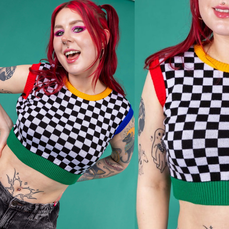 Black and White Checkerboard Cropped Tank Top Vest by Run and Fly