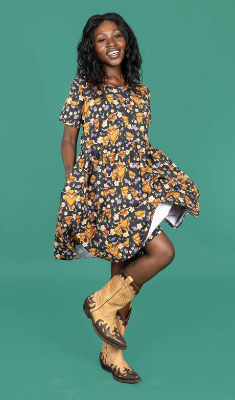 Highland Cow Print Smock Dress with Pockets by Run and Fly