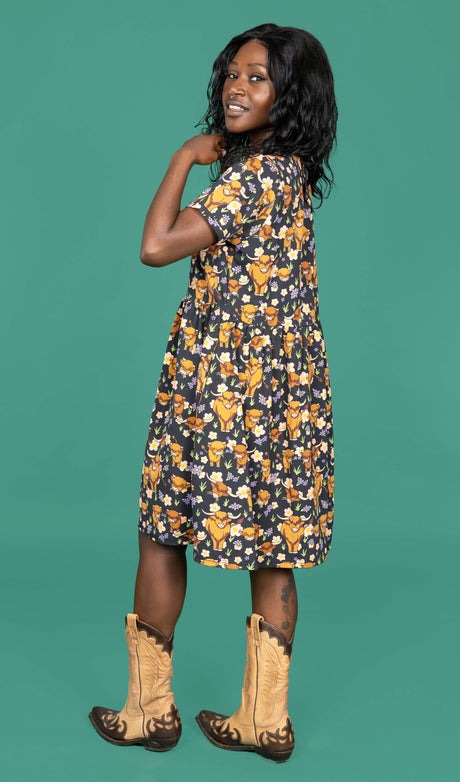 Highland Cow Print Smock Dress with Pockets by Run and Fly