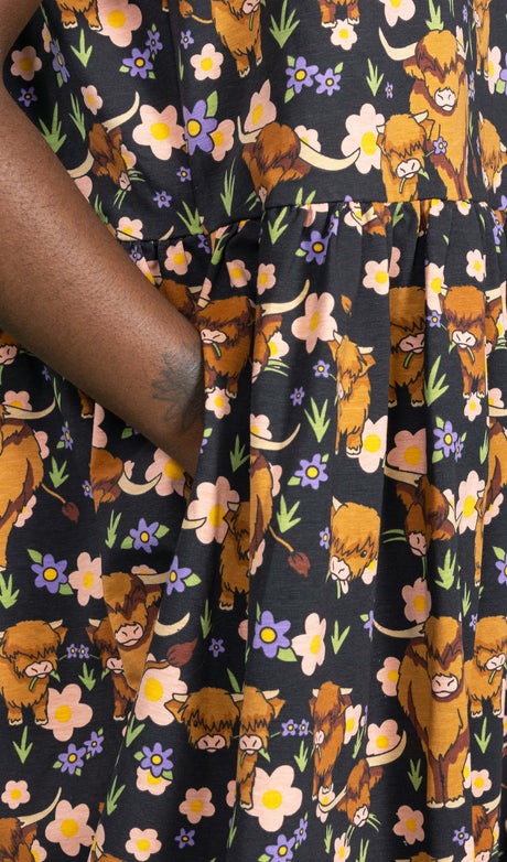 Highland Cow Print Smock Dress with Pockets by Run and Fly