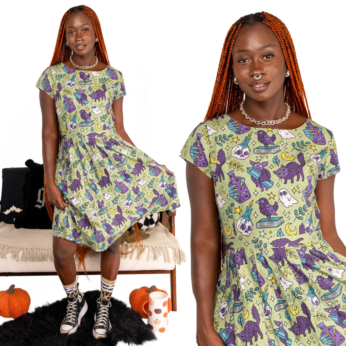 Mint Cool Spooks Print Cotton Tea Dress with Pockets by Run and Fly