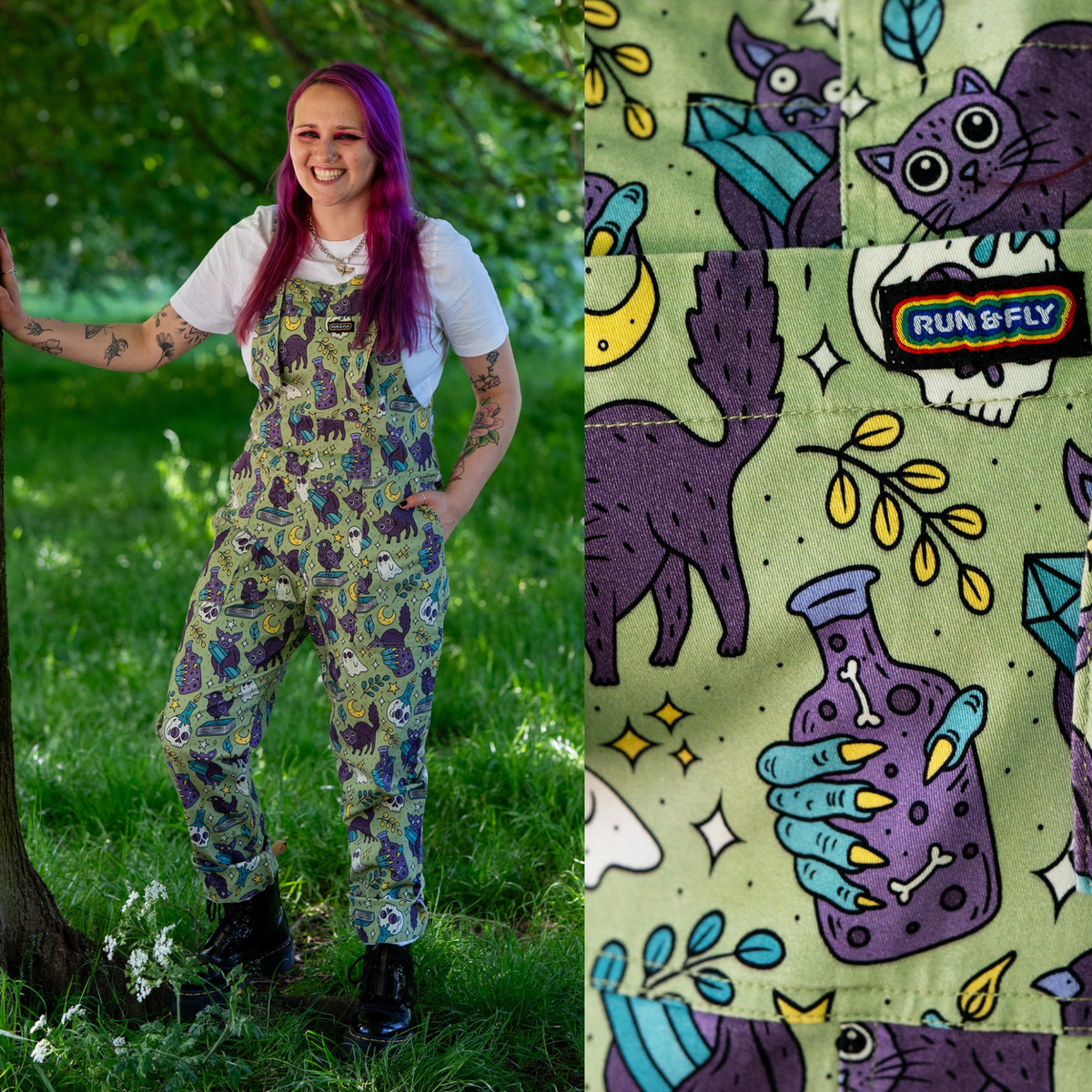 Mint Cool Spooks Print Stretch Twill Dungarees by Run and Fly