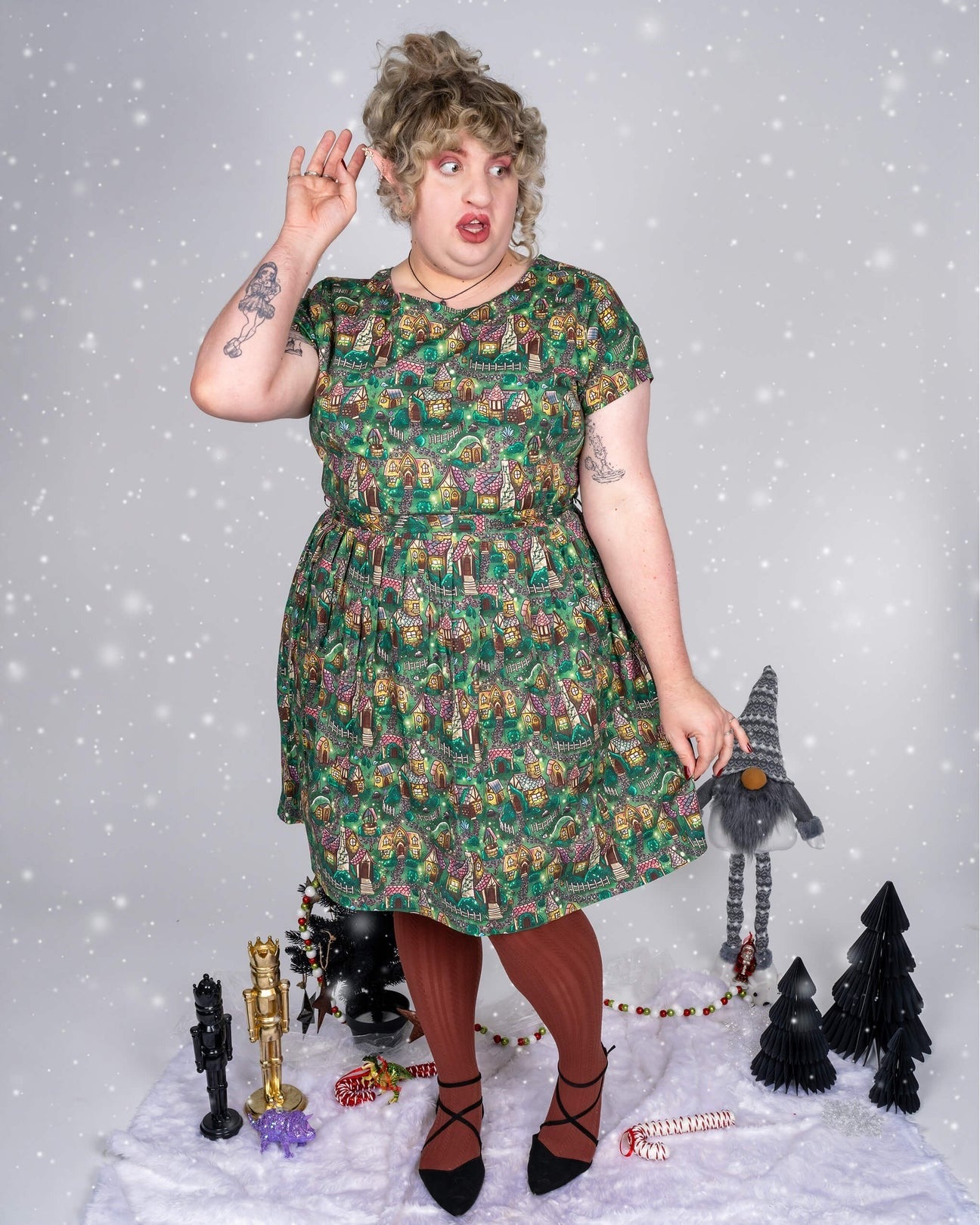 Christmas Cottages Print Cotton Tea Dress with Pockets by Run and Fly