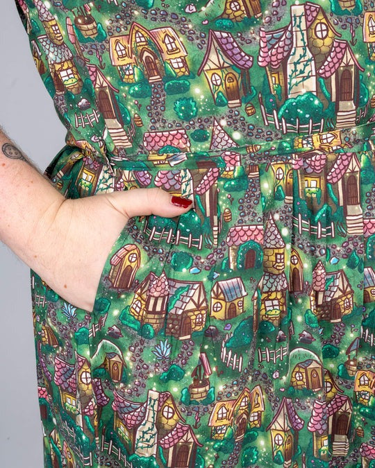 Christmas Cottages Print Cotton Tea Dress with Pockets by Run and Fly