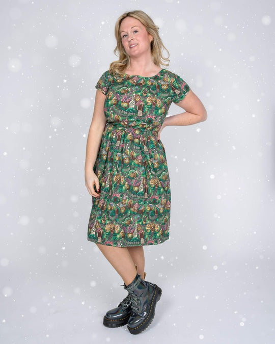 Christmas Cottages Print Cotton Tea Dress with Pockets by Run and Fly