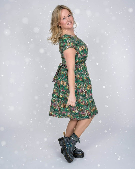 Christmas Cottages Print Cotton Tea Dress with Pockets by Run and Fly