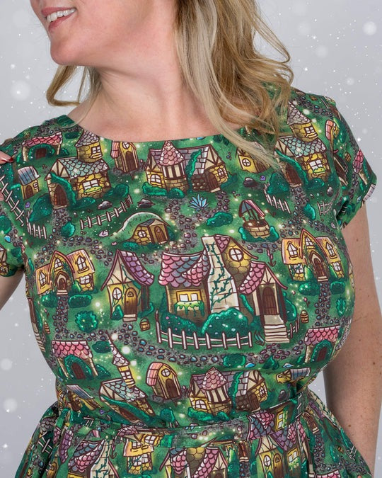 Christmas Cottages Print Cotton Tea Dress with Pockets by Run and Fly