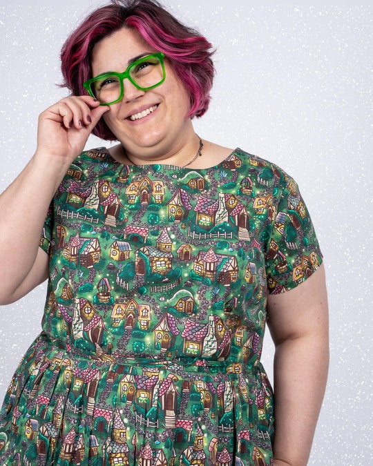 Christmas Cottages Print Cotton Tea Dress with Pockets by Run and Fly