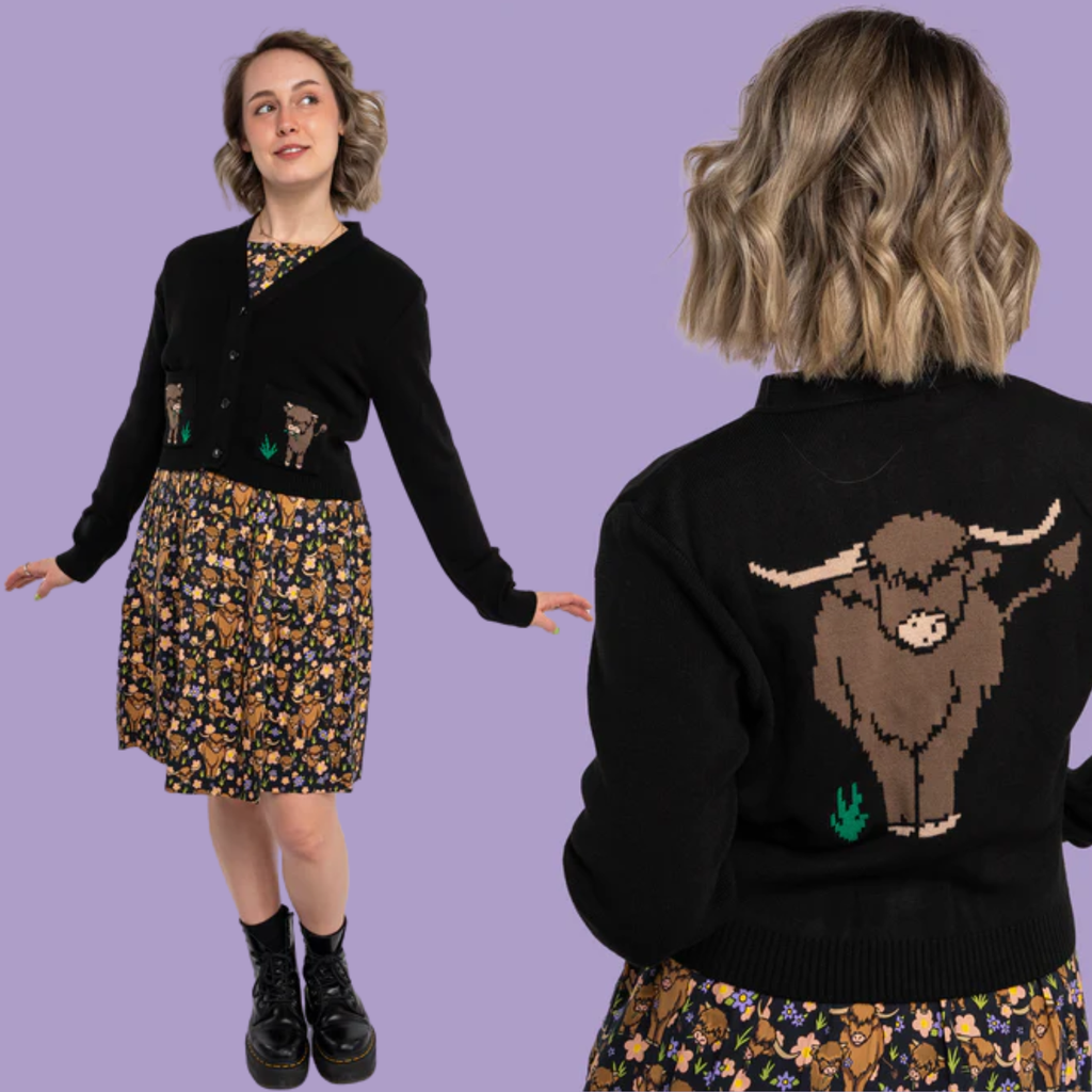 Black Highland Cow Cardigan by Run and Fly