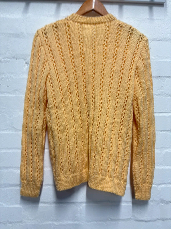 Vintage Yellow Cardigan L Hand Knit Cable Chunky Cosy
