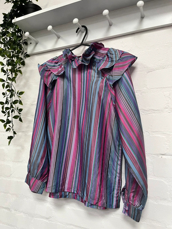 Vintage Blouse 8 Purple Ruffle Collar Stripe 80's