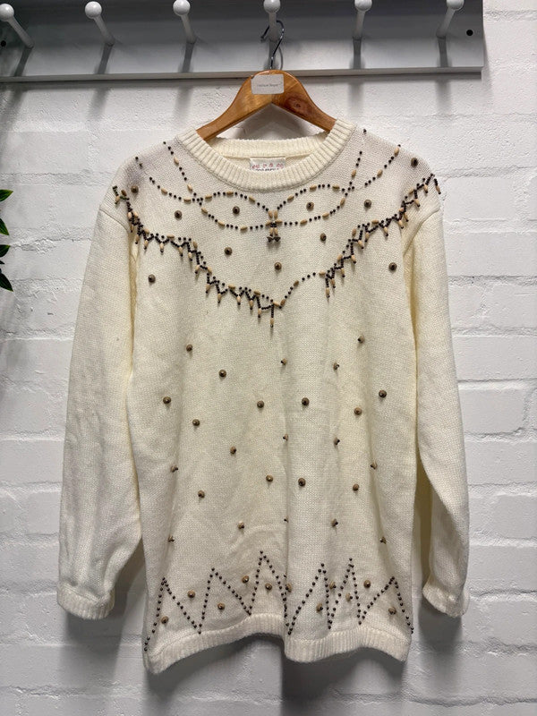 Vintage 80’s Jumper Cream Beaded 14 16 L Aran Style Cottagecore Retro True