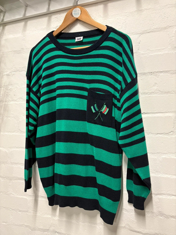 Vintage 80’s Stripy Jumper L 16 Striped Green Blue Retro
