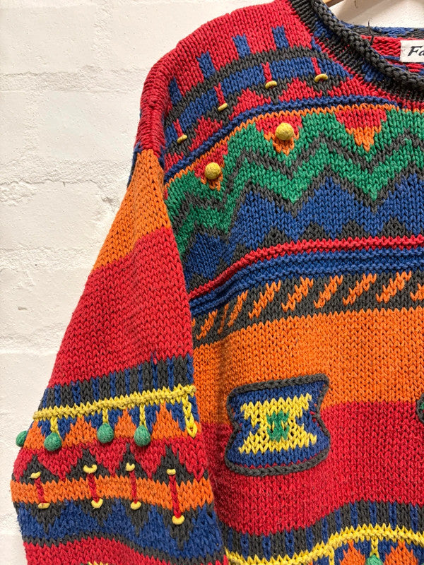 Vintage 90's Jumper L Rainbow Colours Bright Zigzag Pattern Crazy