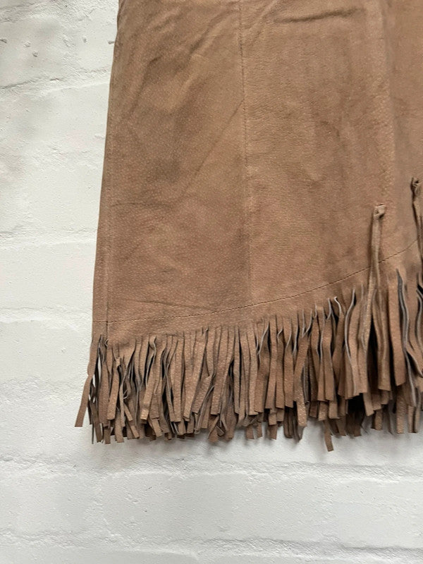 Vintage Suede Skirt 10 Cowgirl Tan Beige Fringed Tassels