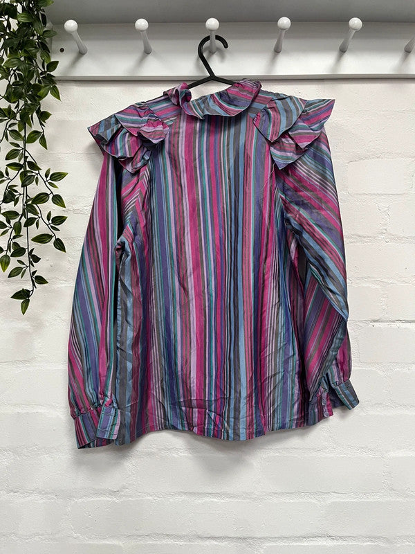 Vintage Blouse 8 Purple Ruffle Collar Stripe 80's