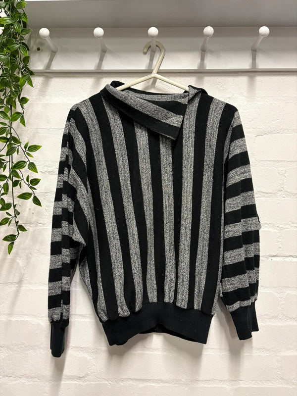 Vintage Stripy Jumper 80’s Original Retro 12 14 Roll Neck Black Grey