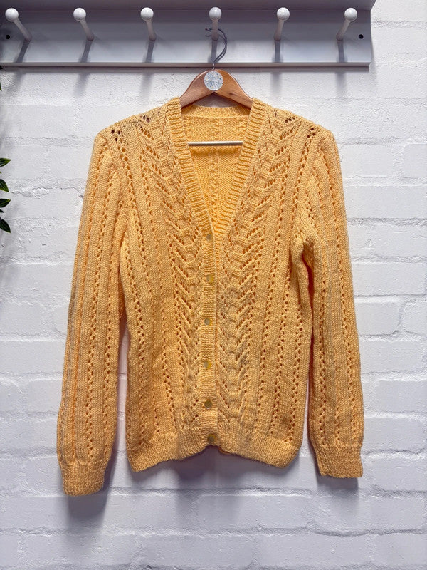 Vintage Yellow Cardigan L Hand Knit Cable Chunky Cosy