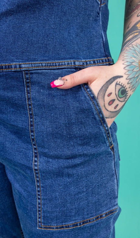 Blue Stretch Denim Dungarees by Run and Fly
