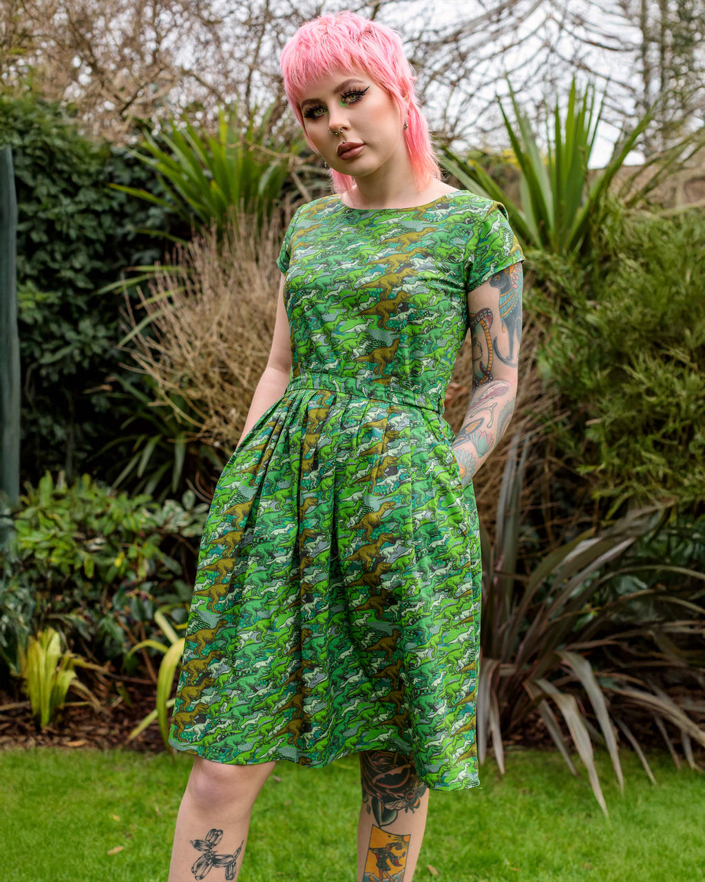 Camo Dinosaur Print Cotton Tea Dress with Pockets by Run and Fly