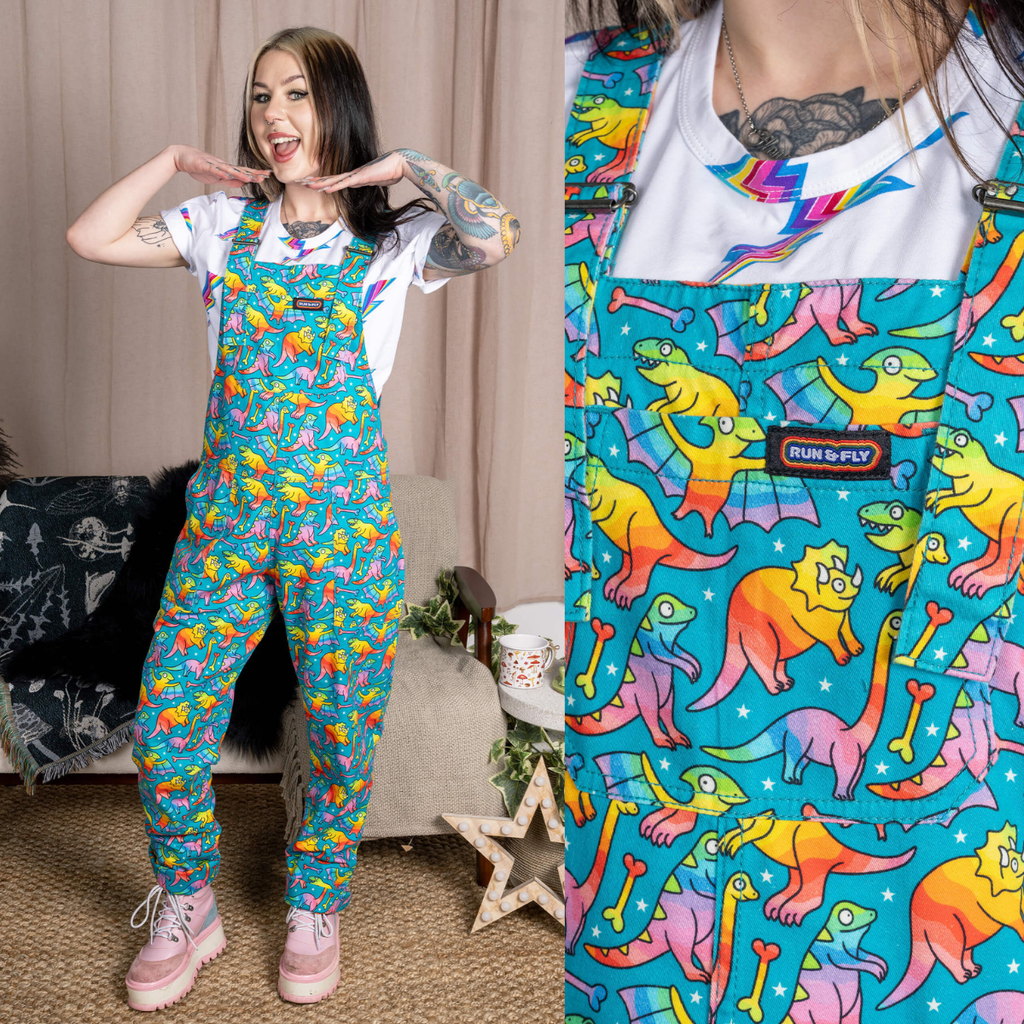 Rainbow Dinosaur Print Stretch Cotton Dungarees by Run and Fly