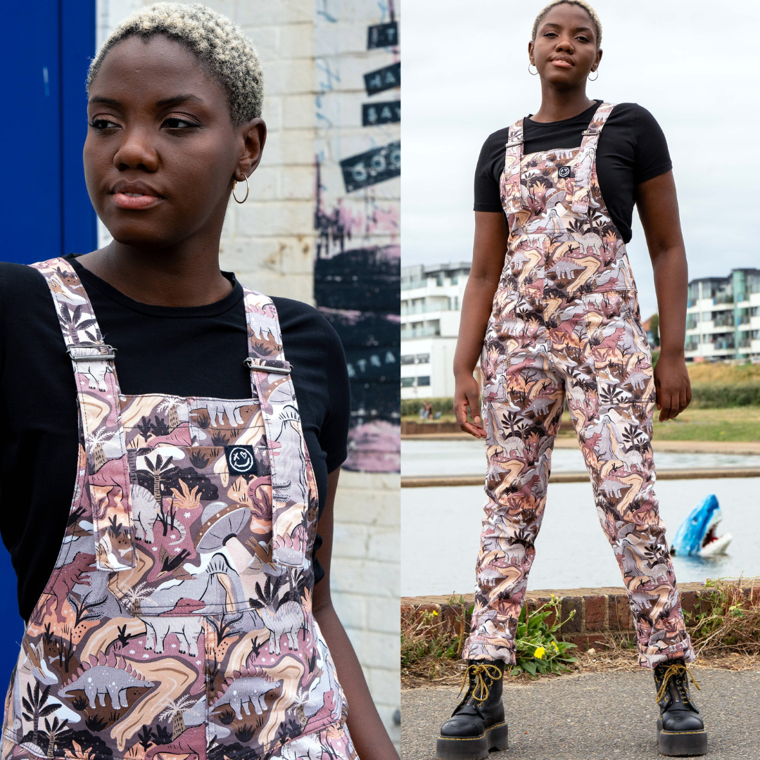 Dinoverse Dinosaur Print Stretch Cotton Dungarees by Rebel Romance
