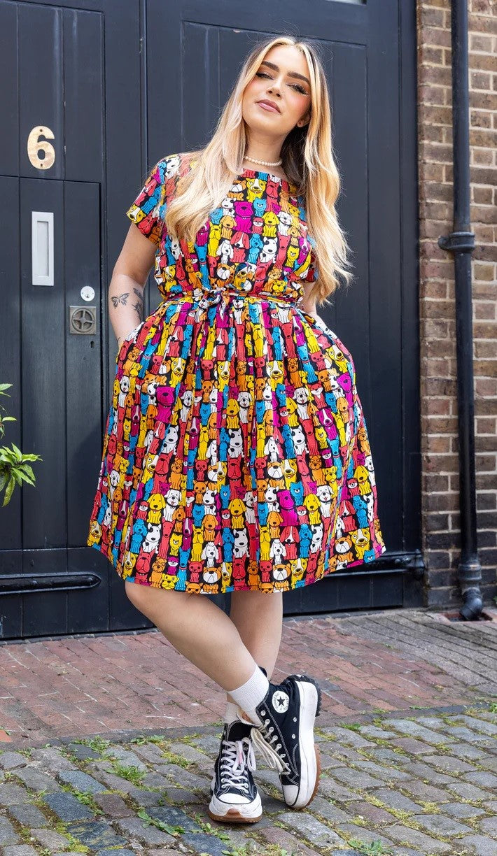 Finding Fox Dog Print Cotton Tea Dress with Pockets by Run and Fly