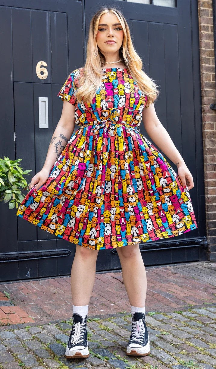 Finding Fox Dog Print Cotton Tea Dress with Pockets by Run and Fly