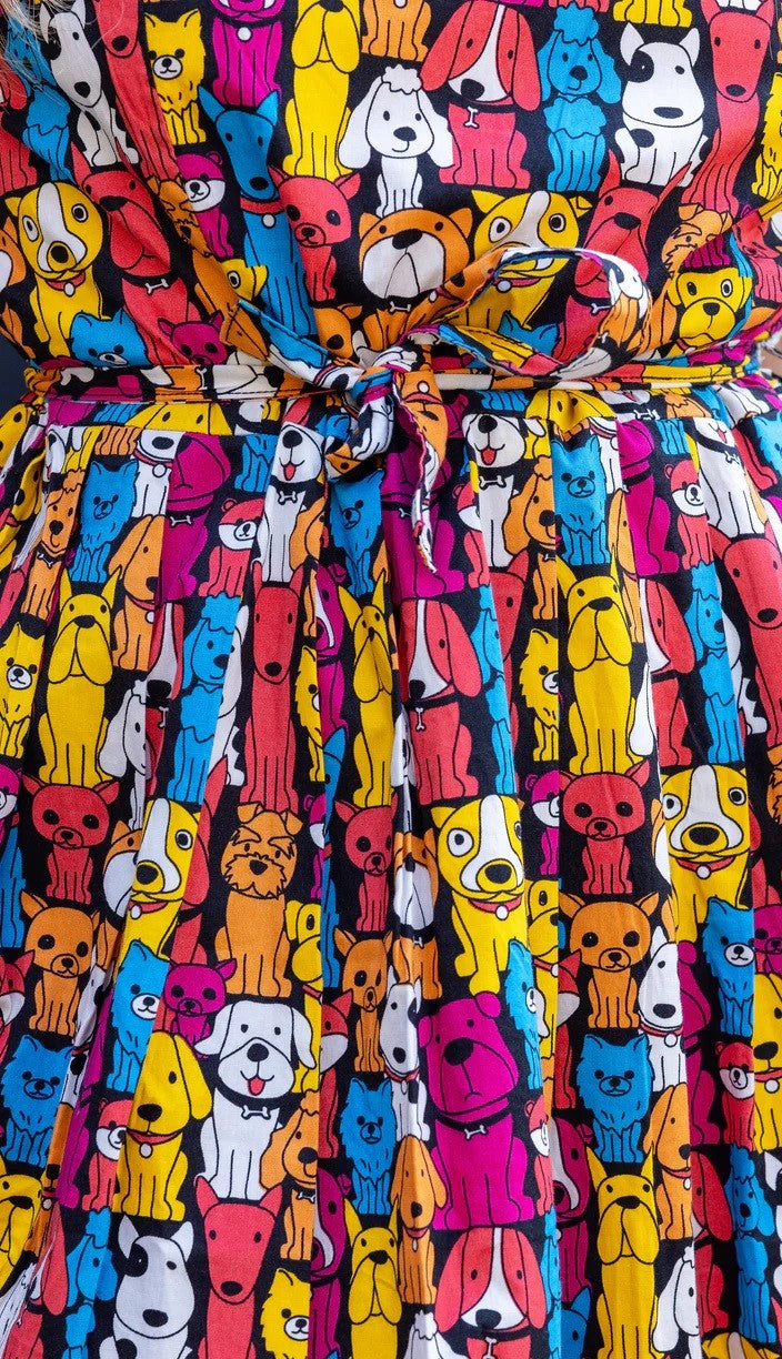 Finding Fox Dog Print Cotton Tea Dress with Pockets by Run and Fly