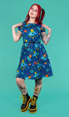 Dogs in Space Print Cotton Tea Dress with Pockets by Run and Fly