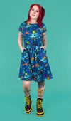 Dogs in Space Print Cotton Tea Dress with Pockets by Run and Fly