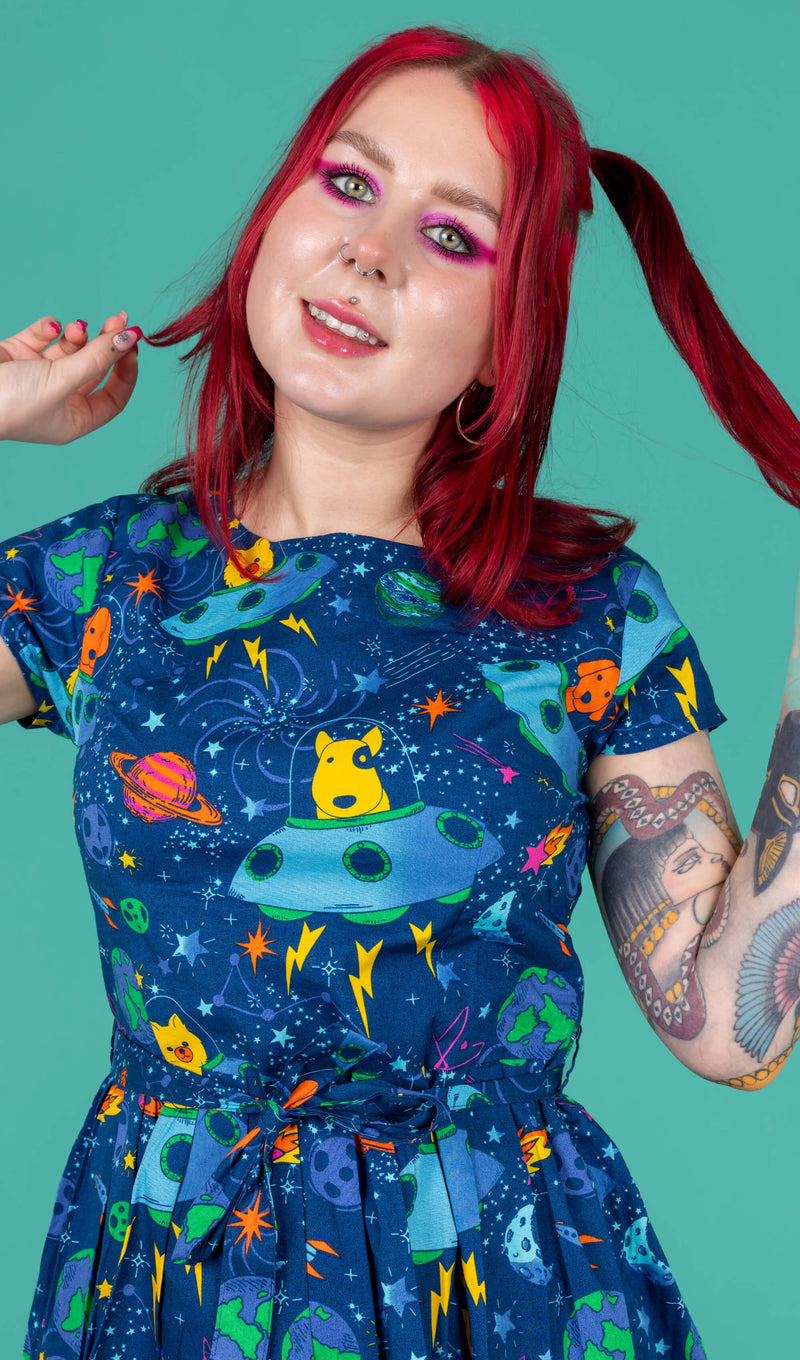 Dogs in Space Print Cotton Tea Dress with Pockets by Run and Fly