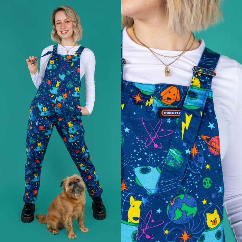 Dogs in Space Print Stretch Twill Cotton Dungarees