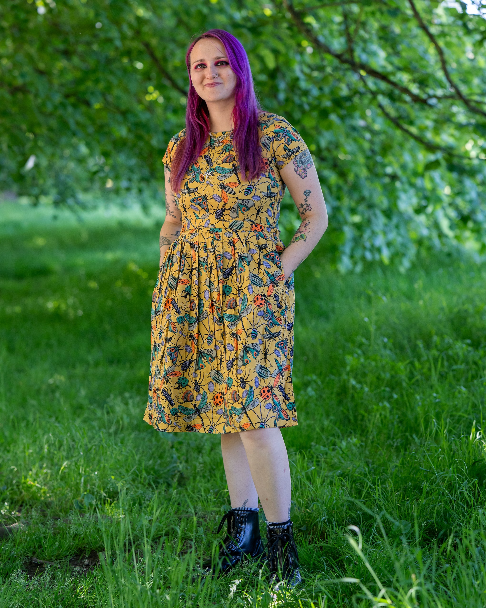 Mustard Beasties Print Cotton Tea Dress with Pockets by Run and Fly